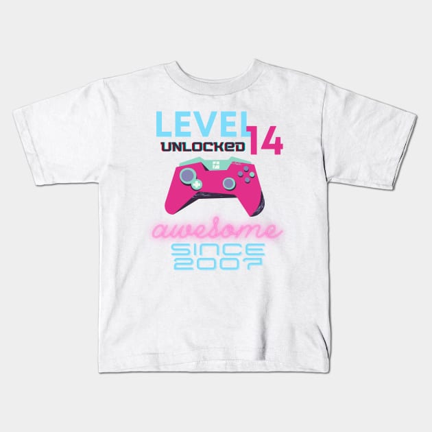 Level 14 Unlocked Awesome 2007 Video Gamer Kids T-Shirt by Fabled Rags 